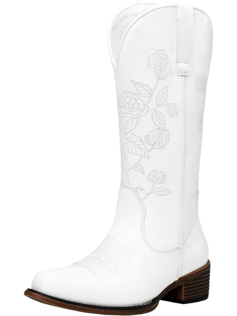 Women's White Western Cowboy Boots Mid Calf Embroidery Flower with Low Heel